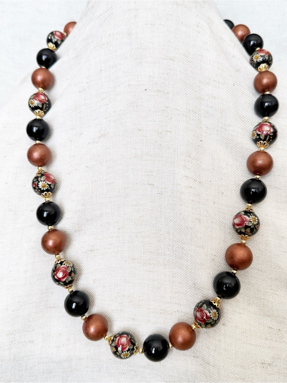 Japanese Tensha Beaded Hand-Painted Floral Black and Bronze Necklace